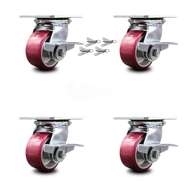 4 Inch Poly on Aluminum Caster Set with Ball Bearings and Brakes/Swivel Locks
